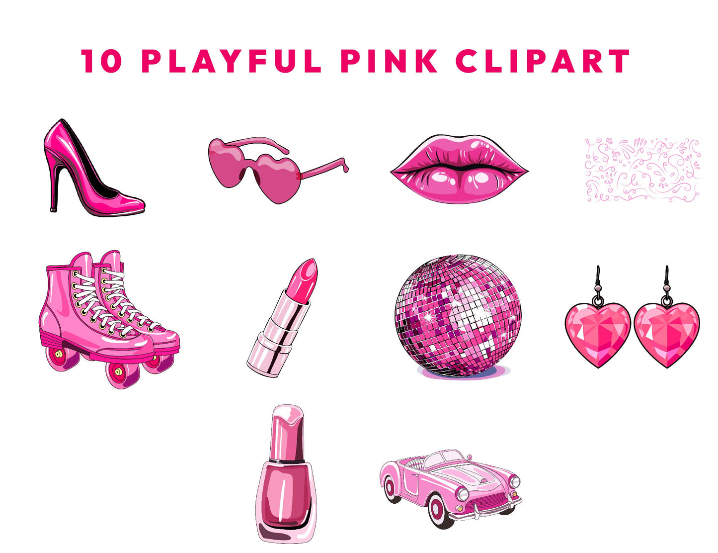 10 Playful Pink Clipart PNG Bundle, Lipstick, Car, Disco Light, Earrings, Polish, Heels, Lips, Rollerblades, Sunglasses Swirls, Digital File