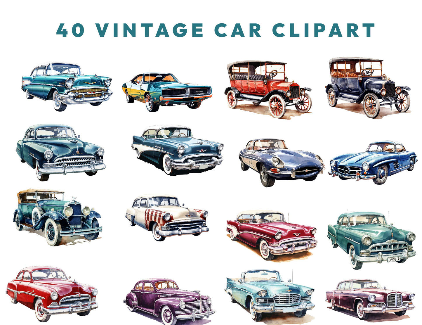 40 Watercolor Vintage Cars Clipart PNG Bundle, Retro Car PNG, Classic Vehicle Clipart, 90s Vibes, Sublimation Design, Instant Download