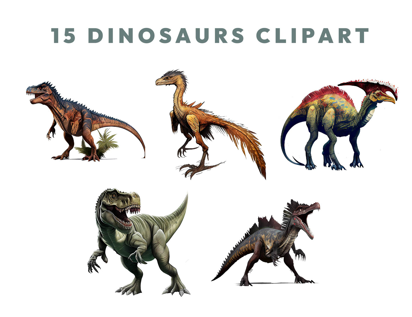 15 Dinosaurs Clipart PNG Bundle, Dinosaur Birthday, Transparent 300DPI, Tyrannosaurus Rex, Dino Baby Shower, Scrapbooking, Digital Download