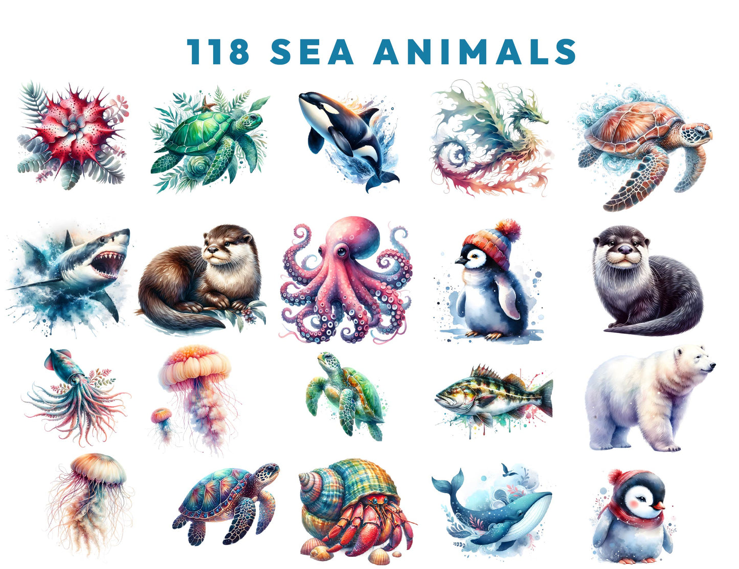 118 Cute Under The Sea Watercolor Animals Clipart PNG Bundle, Sea Animals Clipart, Sea Life, Instant Download 300dpi Images, Commercial use