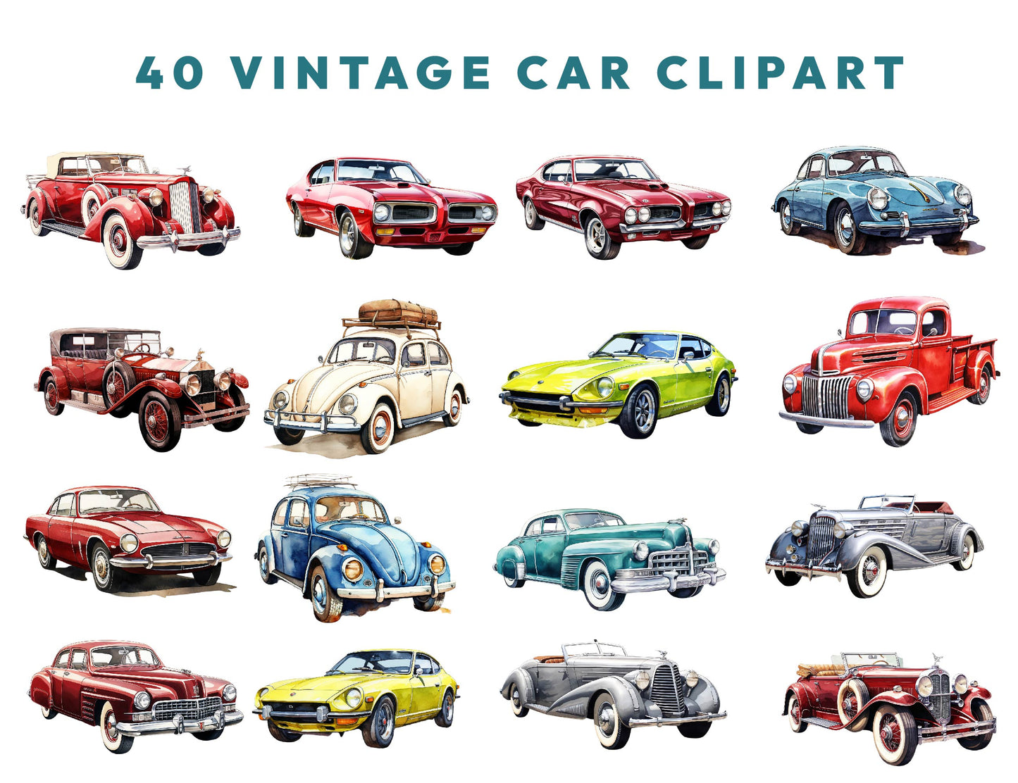 40 Watercolor Vintage Cars Clipart PNG Bundle, Retro Car PNG, Classic Vehicle Clipart, 90s Vibes, Sublimation Design, Instant Download
