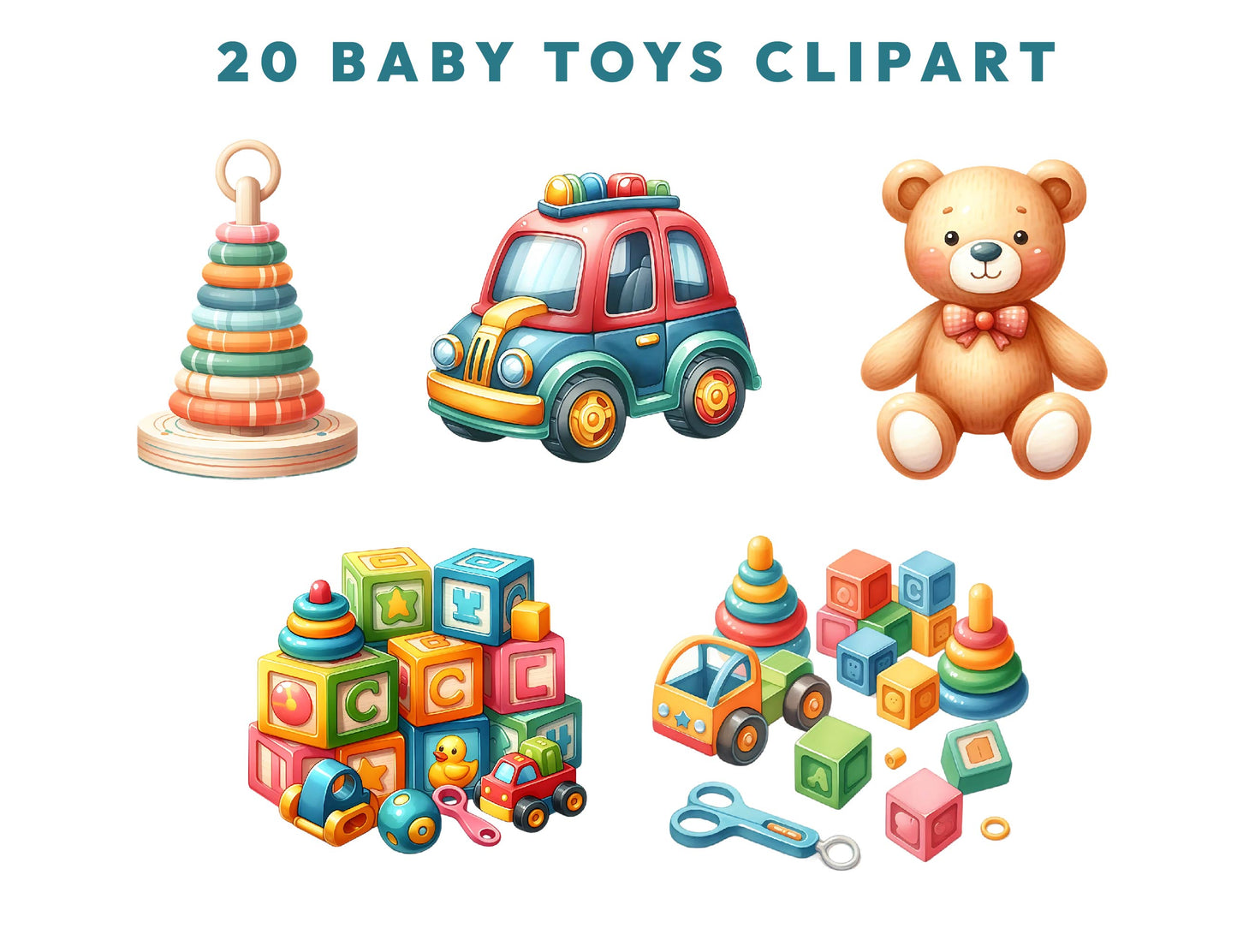 20 Watercolor Baby Toys Clipart SVG and PNG Bundle, Wooden Blocks, Plush Bunny, Nursery Decor, Baby Shower Illustrations Sublimation Designs