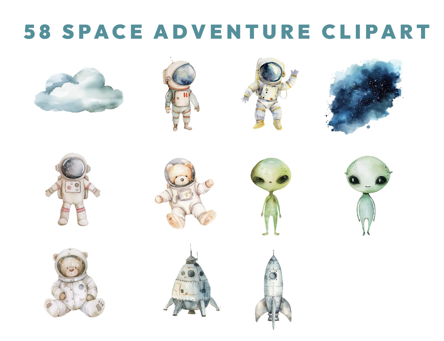58 Watercolor Space Clipart PNG Bundle, Astronaut Nursery, Rocket, Planets, Stars and Moon, Spaceship, Sublimation Design, Instant Download