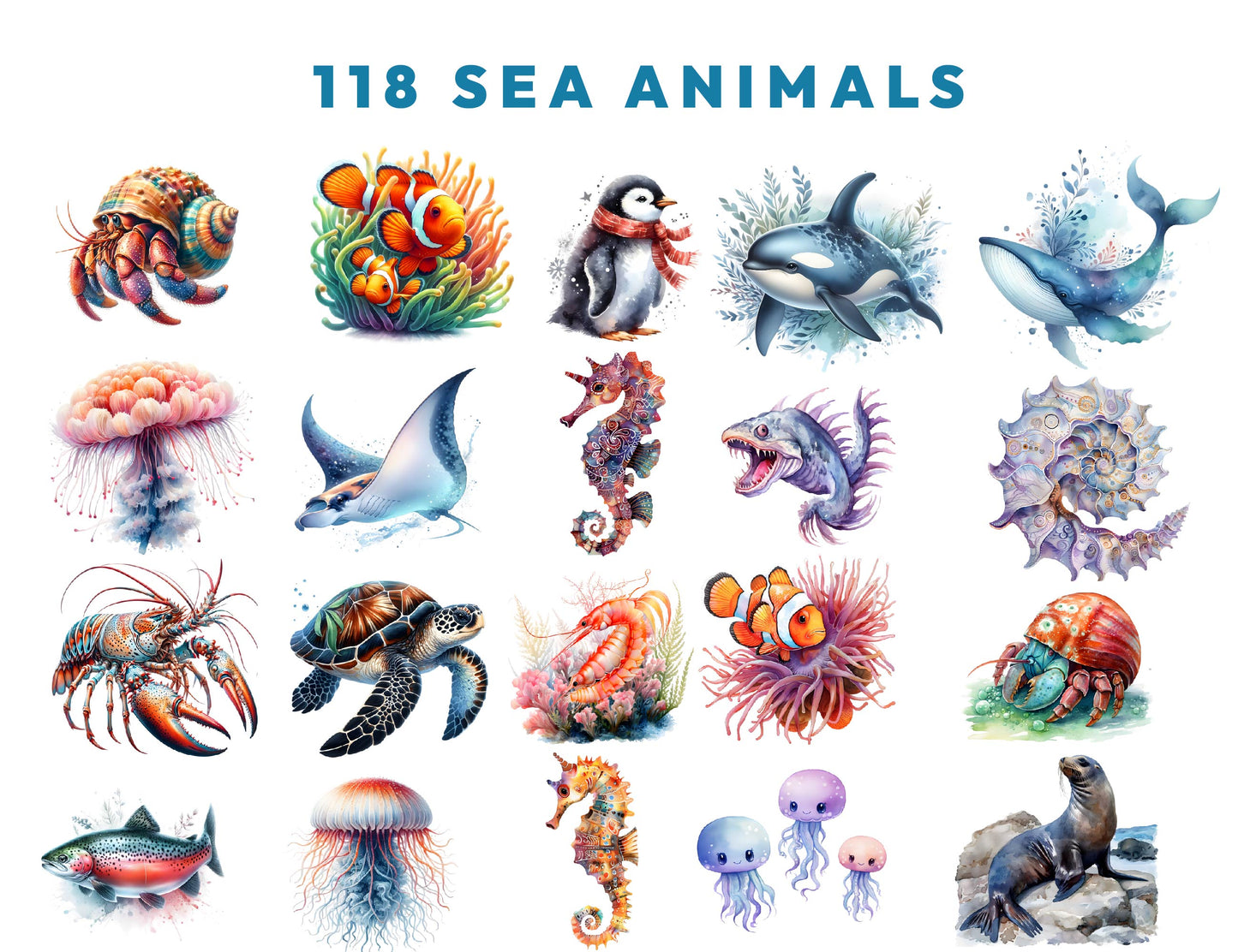 118 Cute Under The Sea Watercolor Animals Clipart PNG Bundle, Sea Animals Clipart, Sea Life, Instant Download 300dpi Images, Commercial use