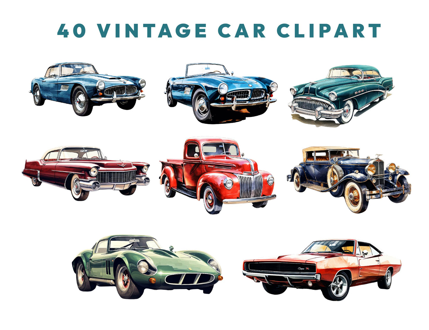 40 Watercolor Vintage Cars Clipart PNG Bundle, Retro Car PNG, Classic Vehicle Clipart, 90s Vibes, Sublimation Design, Instant Download