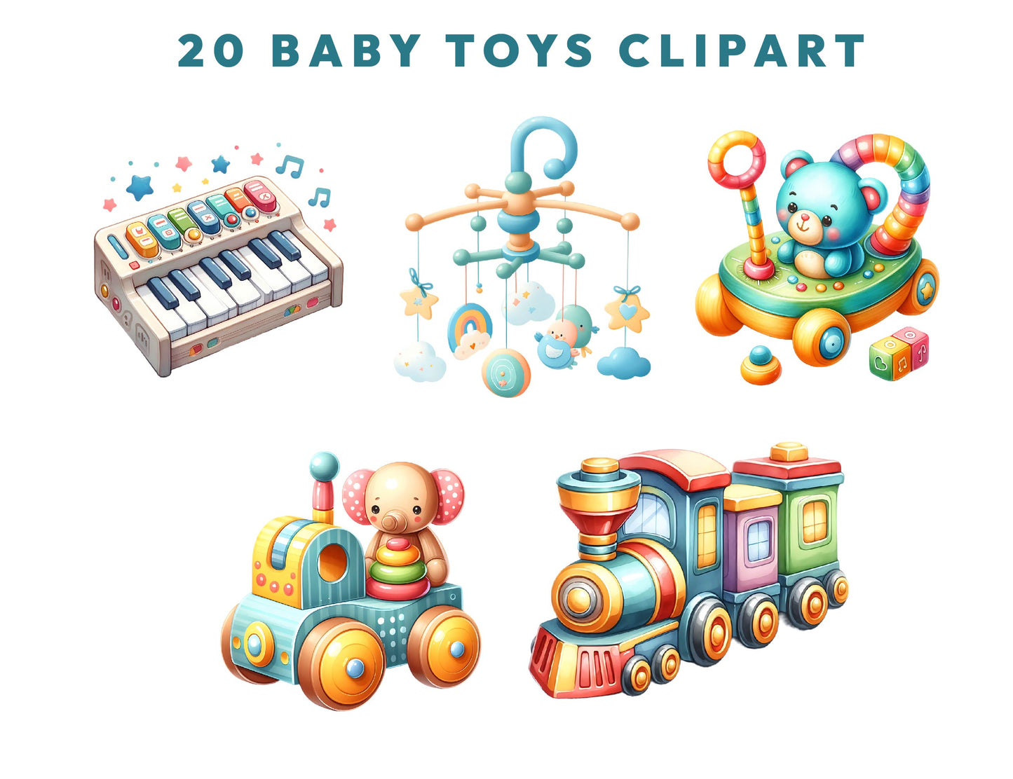 20 Watercolor Baby Toys Clipart SVG and PNG Bundle, Wooden Blocks, Plush Bunny, Nursery Decor, Baby Shower Illustrations Sublimation Designs
