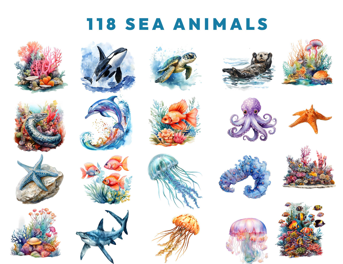 118 Cute Under The Sea Watercolor Animals Clipart PNG Bundle, Sea Animals Clipart, Sea Life, Instant Download 300dpi Images, Commercial use