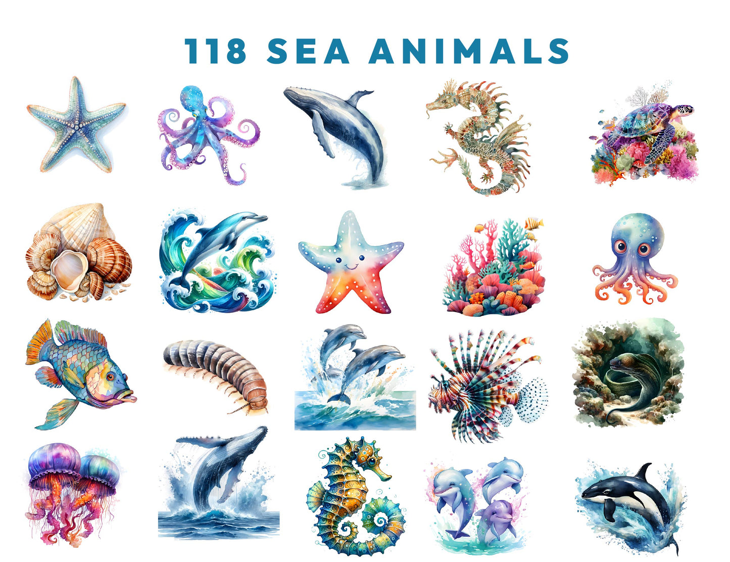 118 Cute Under The Sea Watercolor Animals Clipart PNG Bundle, Sea Animals Clipart, Sea Life, Instant Download 300dpi Images, Commercial use