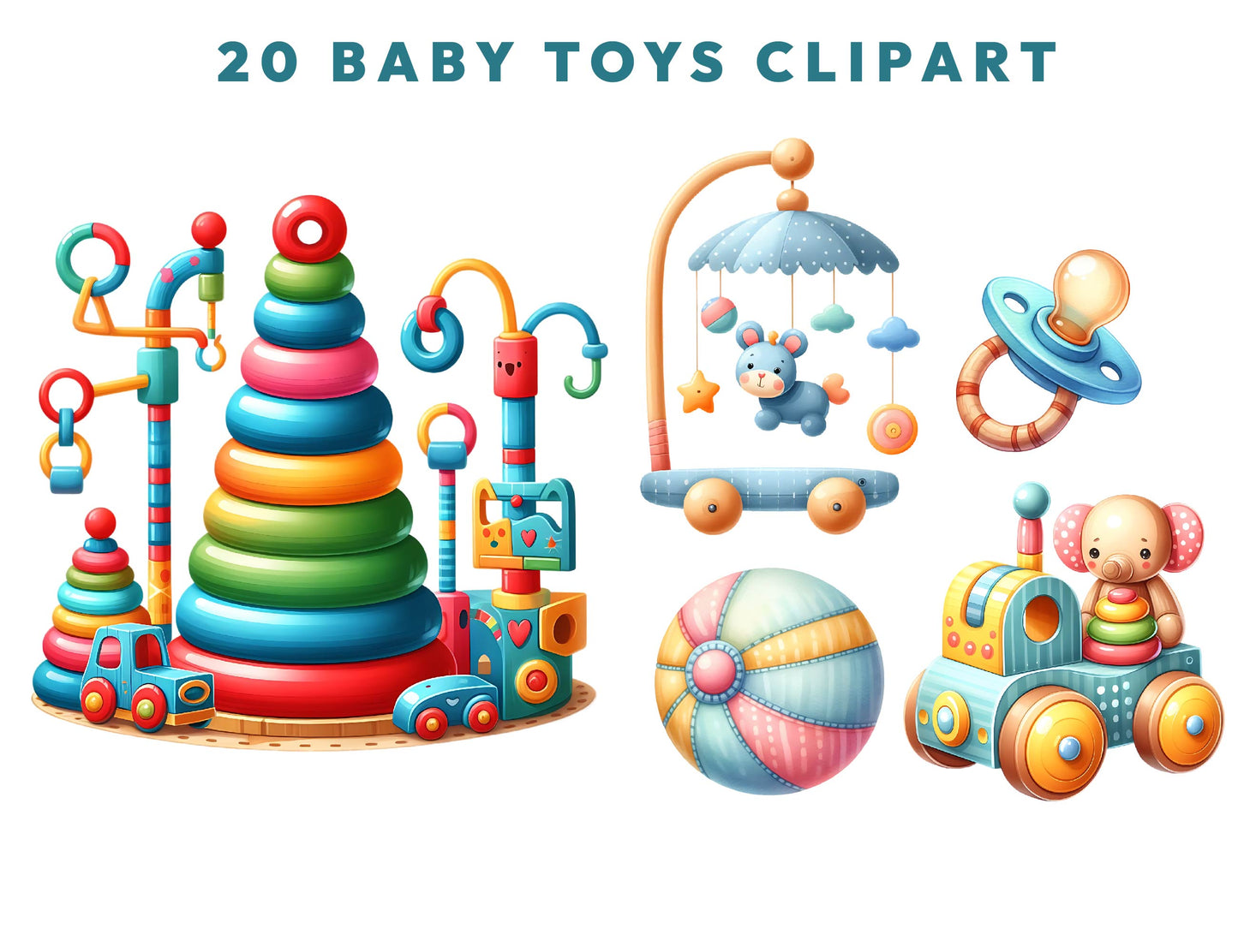20 Watercolor Baby Toys Clipart SVG and PNG Bundle, Wooden Blocks, Plush Bunny, Nursery Decor, Baby Shower Illustrations Sublimation Designs