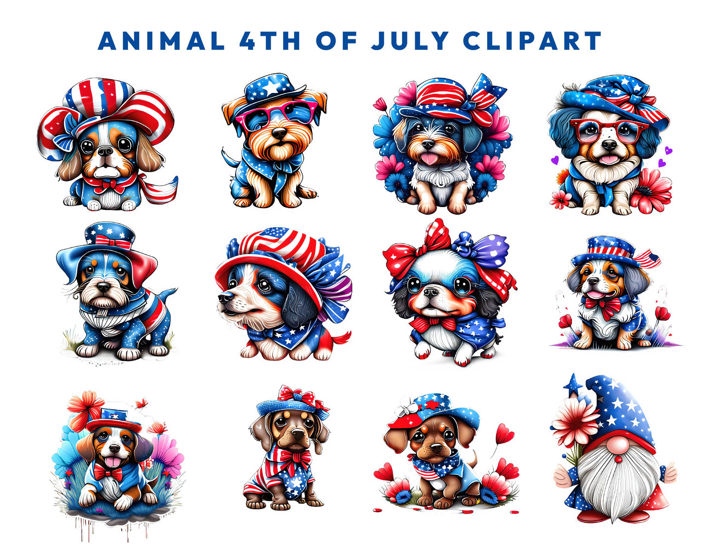 14 Patriotic Dogs 4th of July Watercolor Clipart Bundle, Cute Pet Portrait Animal PNG illustrations, US Flag Instant download Commercial use