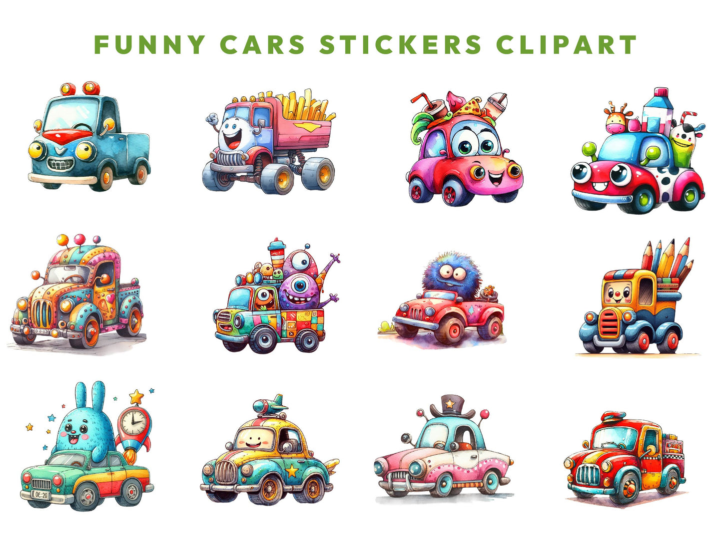 21 Funny Cars Watercolor Clipart PNG Bundle, Automobile Images, Colorful Quirky Vehicle Graphics, Instant Digital Download, Commercial Use