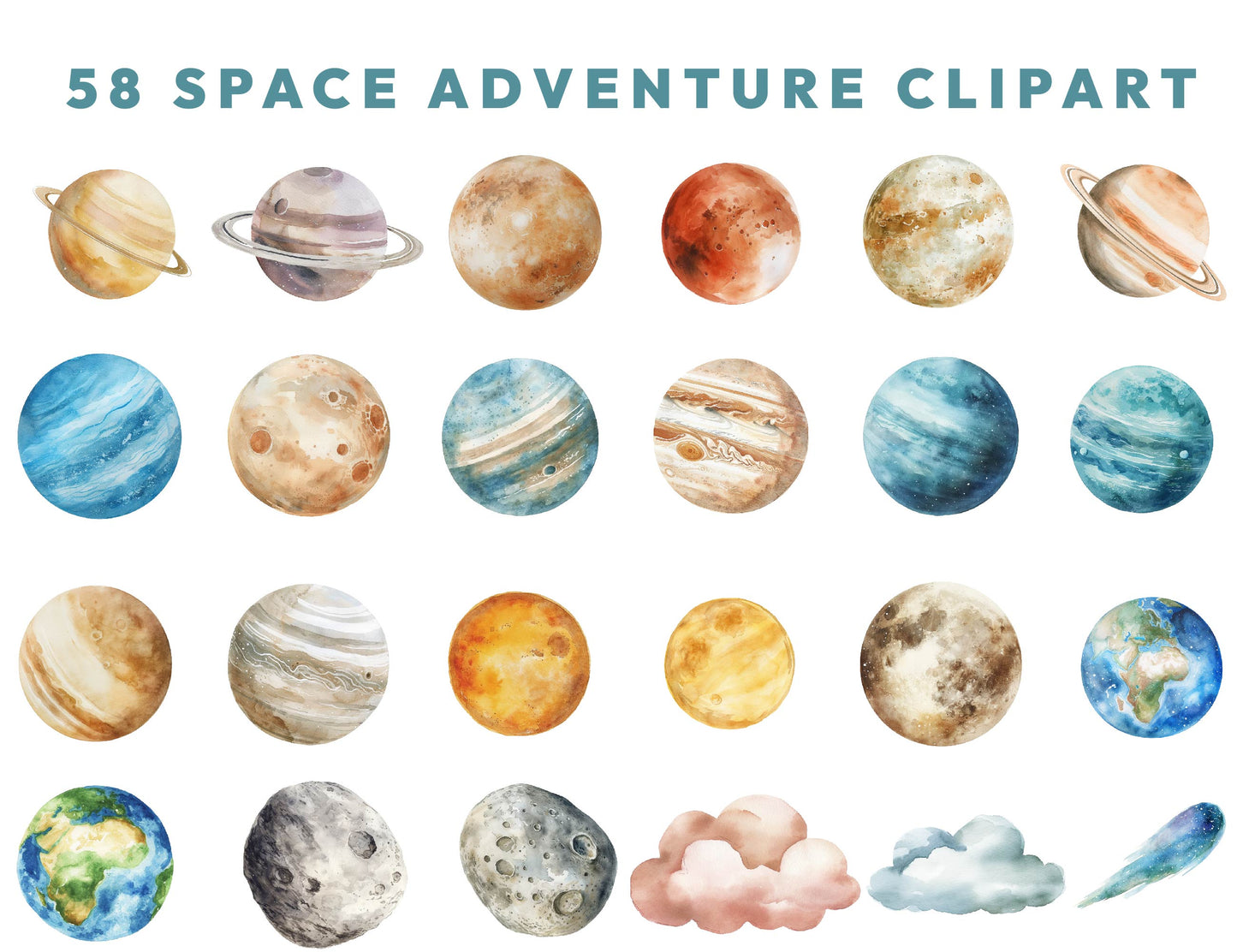 58 Watercolor Space Clipart PNG Bundle, Astronaut Nursery, Rocket, Planets, Stars and Moon, Spaceship, Sublimation Design, Instant Download