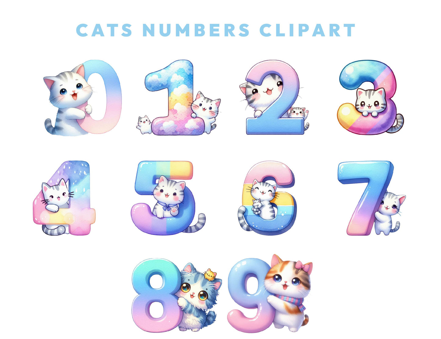 Cute Pastel Cats Alphabet and Numbers Clipart Bundle, Kitten Alphabet Letters & Digits, Transparent PNG for Sublimation, Instant Download