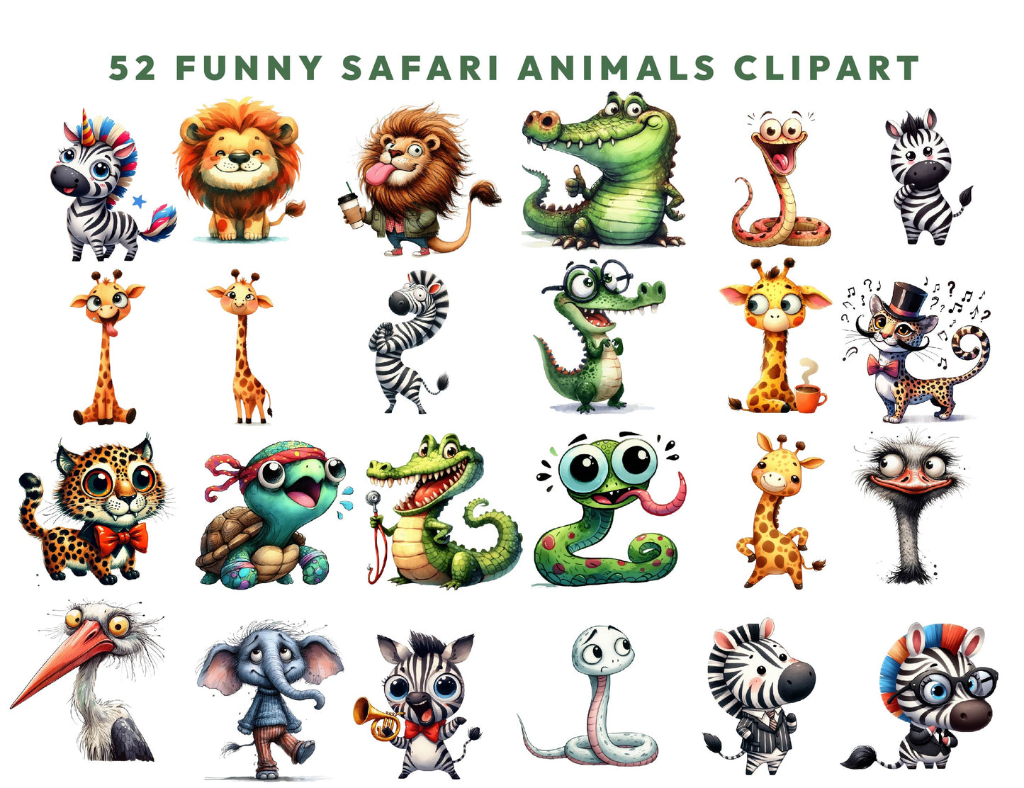 52 Funny Safari Animals Clipart, Jungle Animals PNG, Quirky Watercolor Africa Animals PNG, Whimsical Sublimation Design, Instant Download