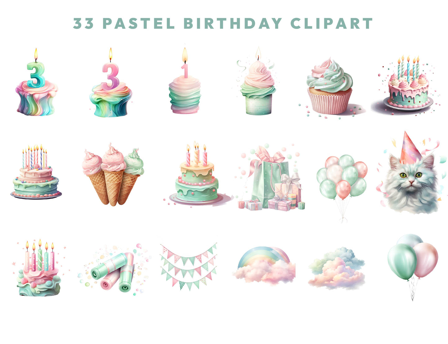 33 Watercolor Pastel Birthday Clipart PNG Bundle, Cute Happy Birthday Collection, Balloon Clipart, Birthday Cupcake, Cake, Instant Download