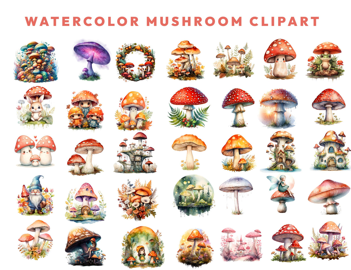Mushrooms Watercolor Clipart Bundle, 208 PNG Forest Toadstool Graphics, Magical Nature Illustrations, Instant Download, Commercial Use