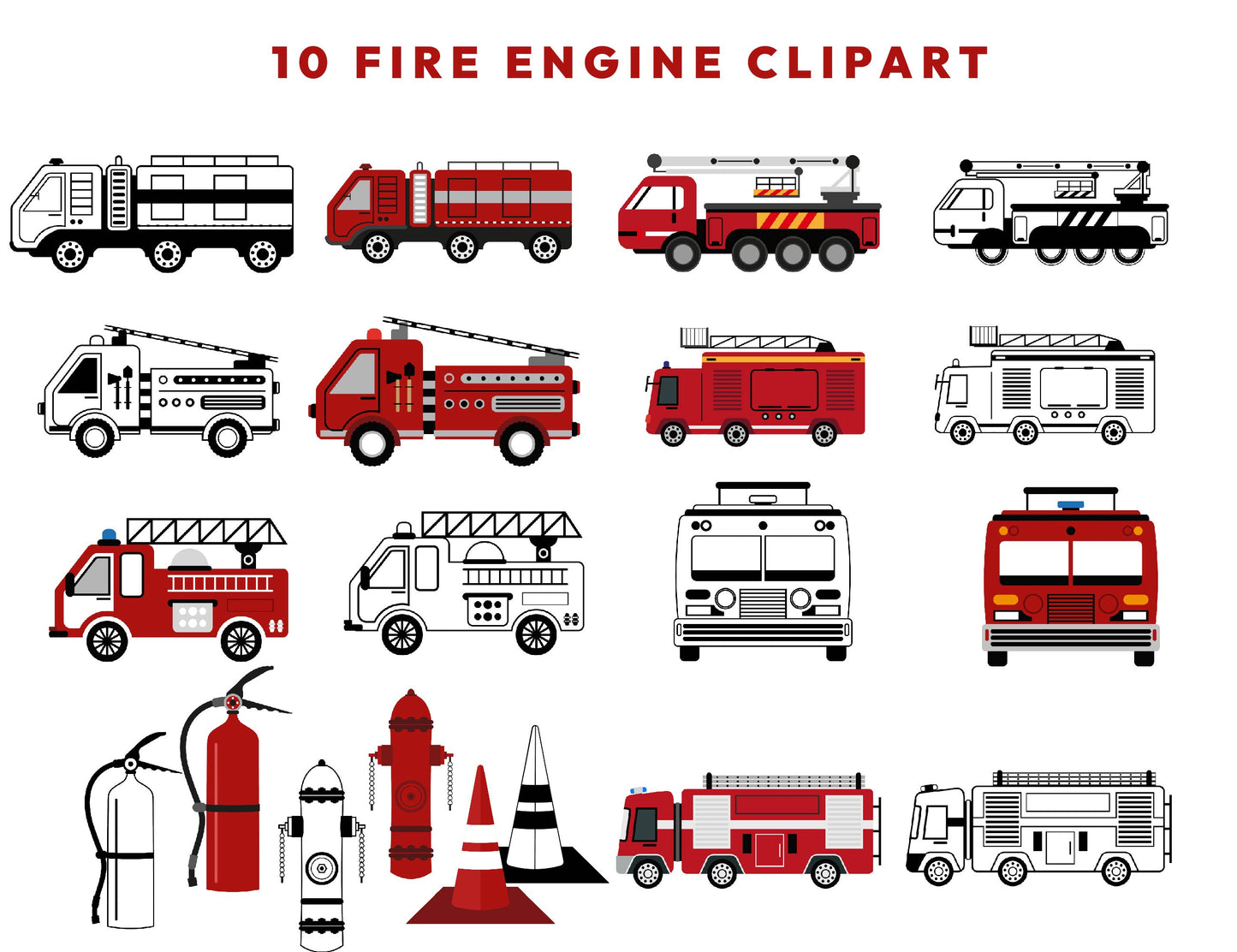10 Fire Engine Clipart, Fire Department PNG, Fire Truck Svg, Fire Fighter PNG, Firefighter Birthday, Nursery Clipart, Instant Download