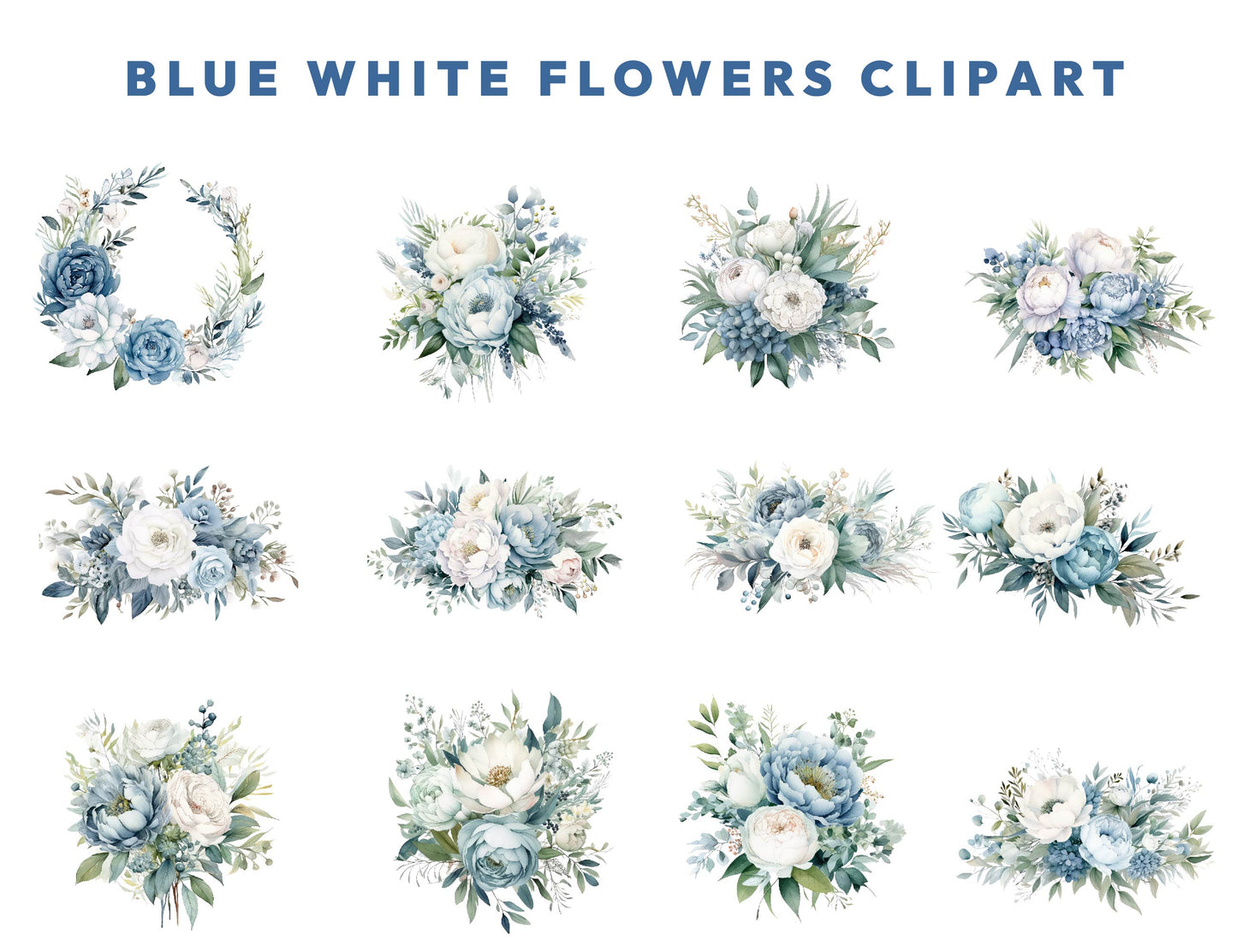 36 Watercolor Floral Clipart Bundle Dusty Blue White Flower Bouquet Transparent PNG, Watercolor Clip Art For Commercial Use Instant Download