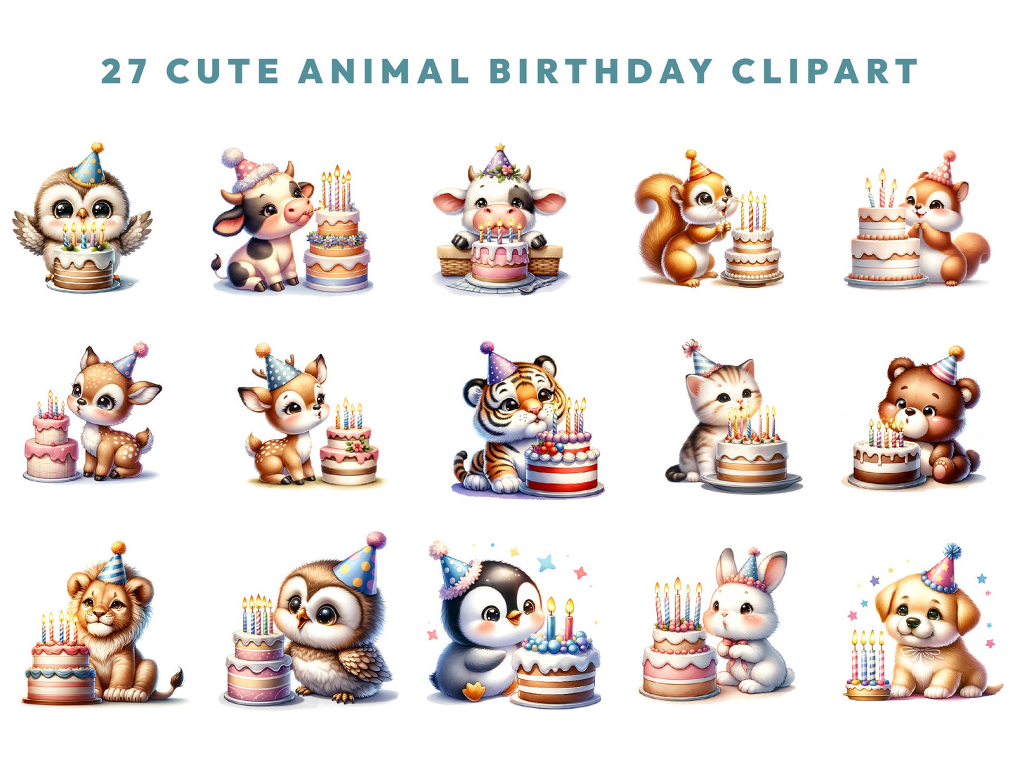 27 Watercolor Cute Birthday Animals Clipart PNG Bundle, Baby Animals w/ Birthday Sayings, Printable Art, Nursery, Card Making Commercial Use