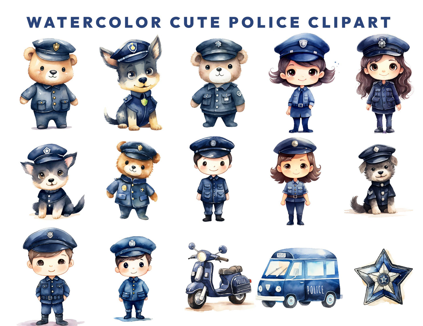 29 Watercolor Blue Police PNG Clipart, Police Station, Animals Vehicles, Cute Animals Baby Shower, Baby Boy Nursery, Bear and Dalmatian
