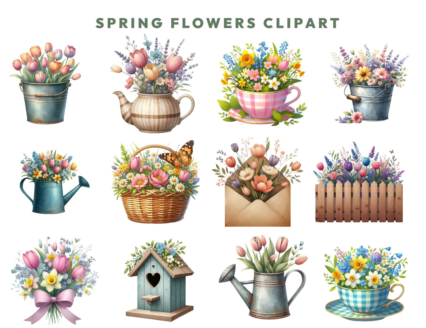 12 Spring Flowers Clipart PNG Bundle, Floral Graphics, Garden, Springtime Flower Illustrations, Instant Digital Download, Commercial Use