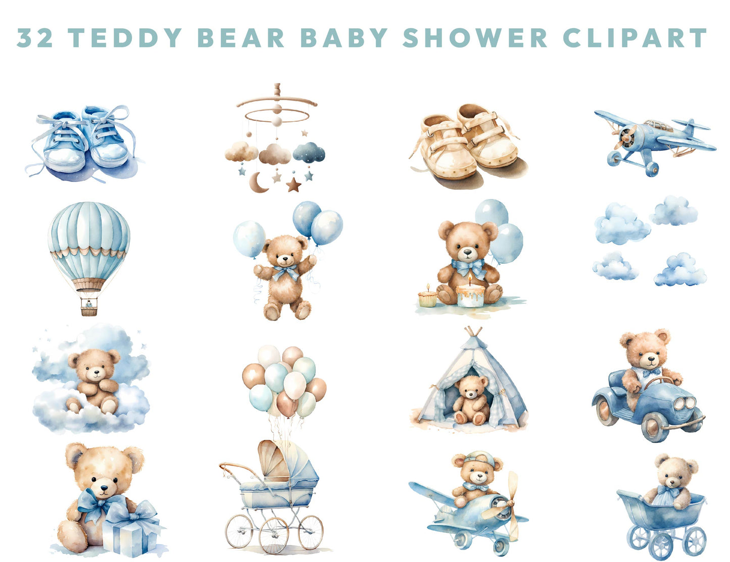 32 Cute Watercolor Blue Teddy Bear Baby Boy Shower Clipart PNG Bundle, Birthday Collection Instant Download Sublimation Design Commercial Use