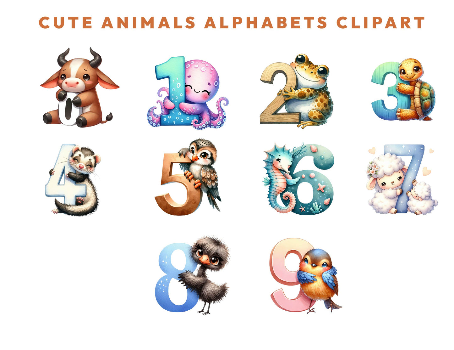Cute Watercolor Baby Animals Alphabet Letters Clipart Bundle, Animals A To Z, Doodle Letters, Woodland Animals, Numbers, Sublimation Design