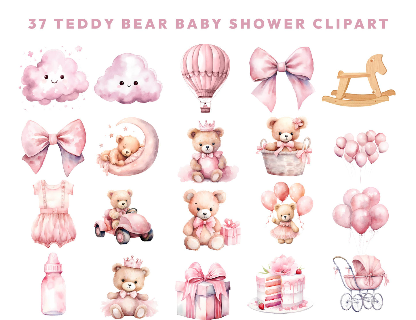 37 Cute Watercolor Pink Teddy Bear Baby Girl Shower Clipart PNG Bundle, Birthday Collection Instant Download Sublimation Design Commercial Use