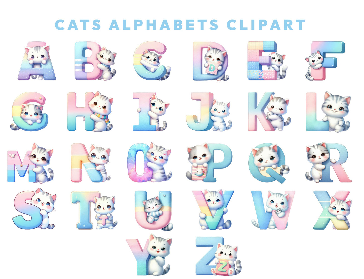Cute Pastel Cats Alphabet and Numbers Clipart Bundle, Kitten Alphabet Letters & Digits, Transparent PNG for Sublimation, Instant Download