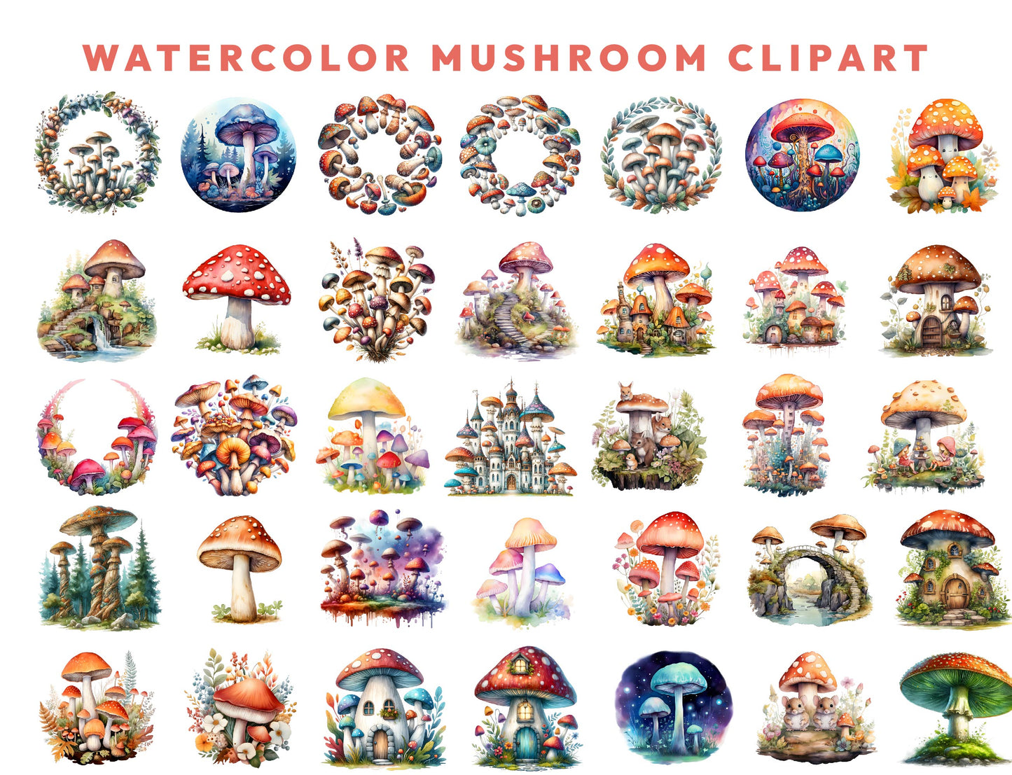 Mushrooms Watercolor Clipart Bundle, 208 PNG Forest Toadstool Graphics, Magical Nature Illustrations, Instant Download, Commercial Use