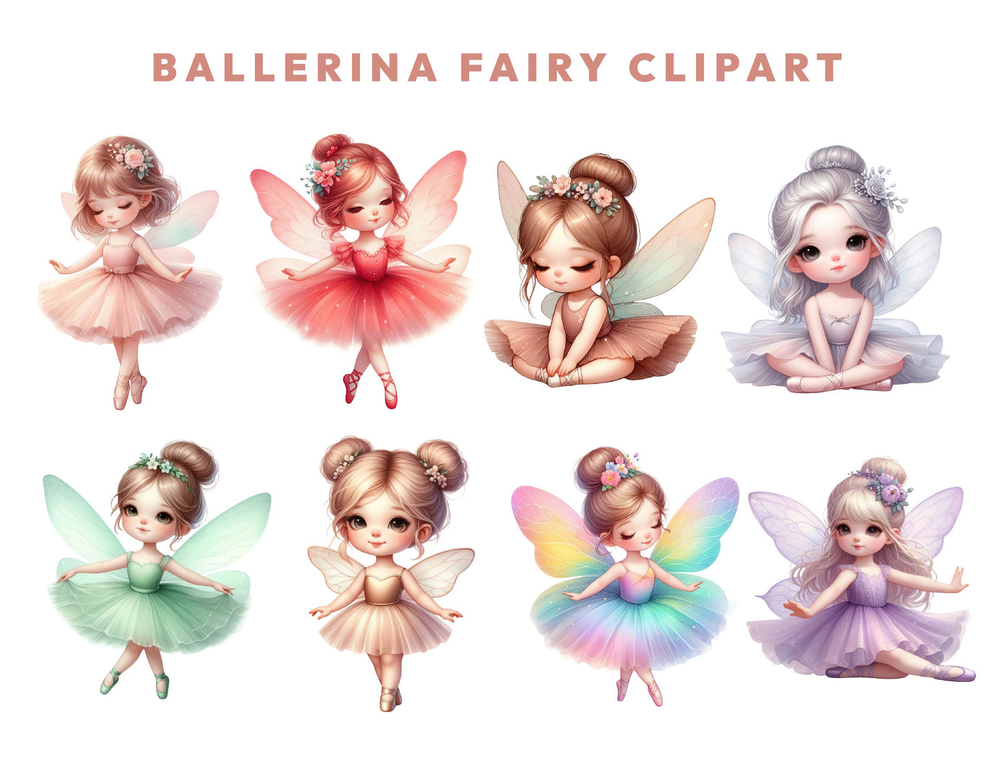 16 Fairy Ballerina Clipart Bundle, Pastel Watercolor Fairies ClipArt, Magic Fairytale, Digital Scrapbook, Transparent PNGs, Instant Download