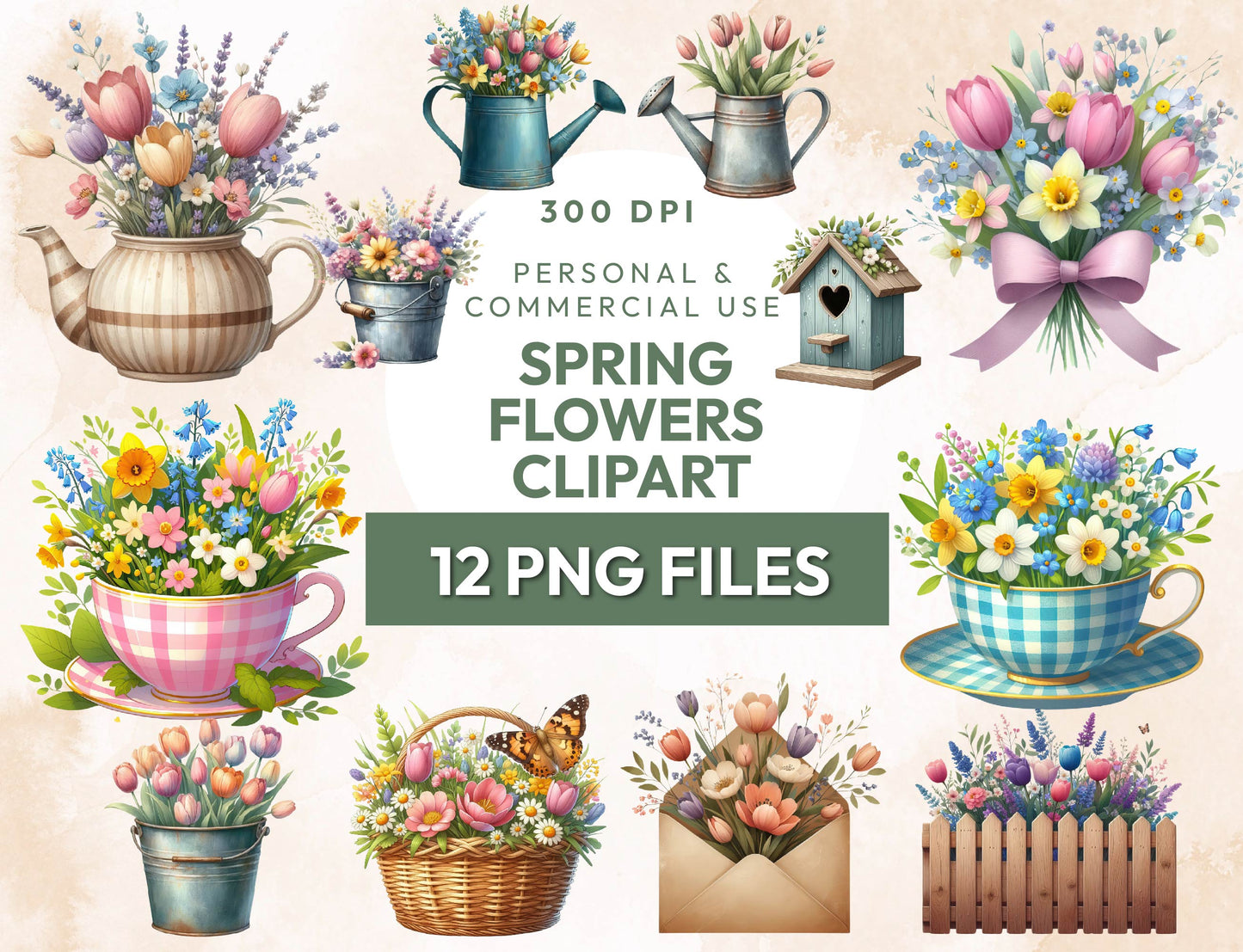 12 Spring Flowers Clipart PNG Bundle, Floral Graphics, Garden, Springtime Flower Illustrations, Instant Digital Download, Commercial Use
