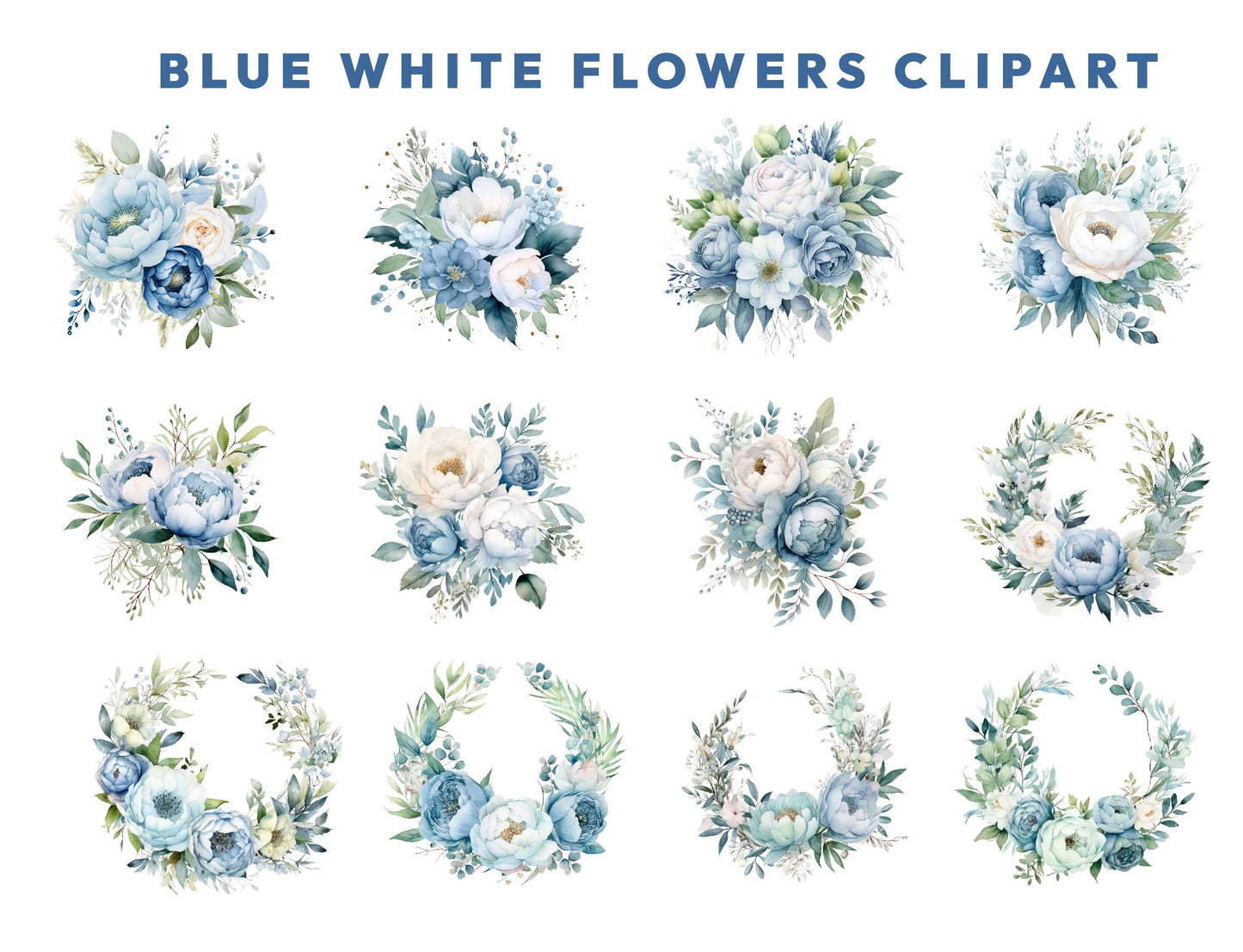 36 Watercolor Floral Clipart Bundle Dusty Blue White Flower Bouquet Transparent PNG, Watercolor Clip Art For Commercial Use Instant Download