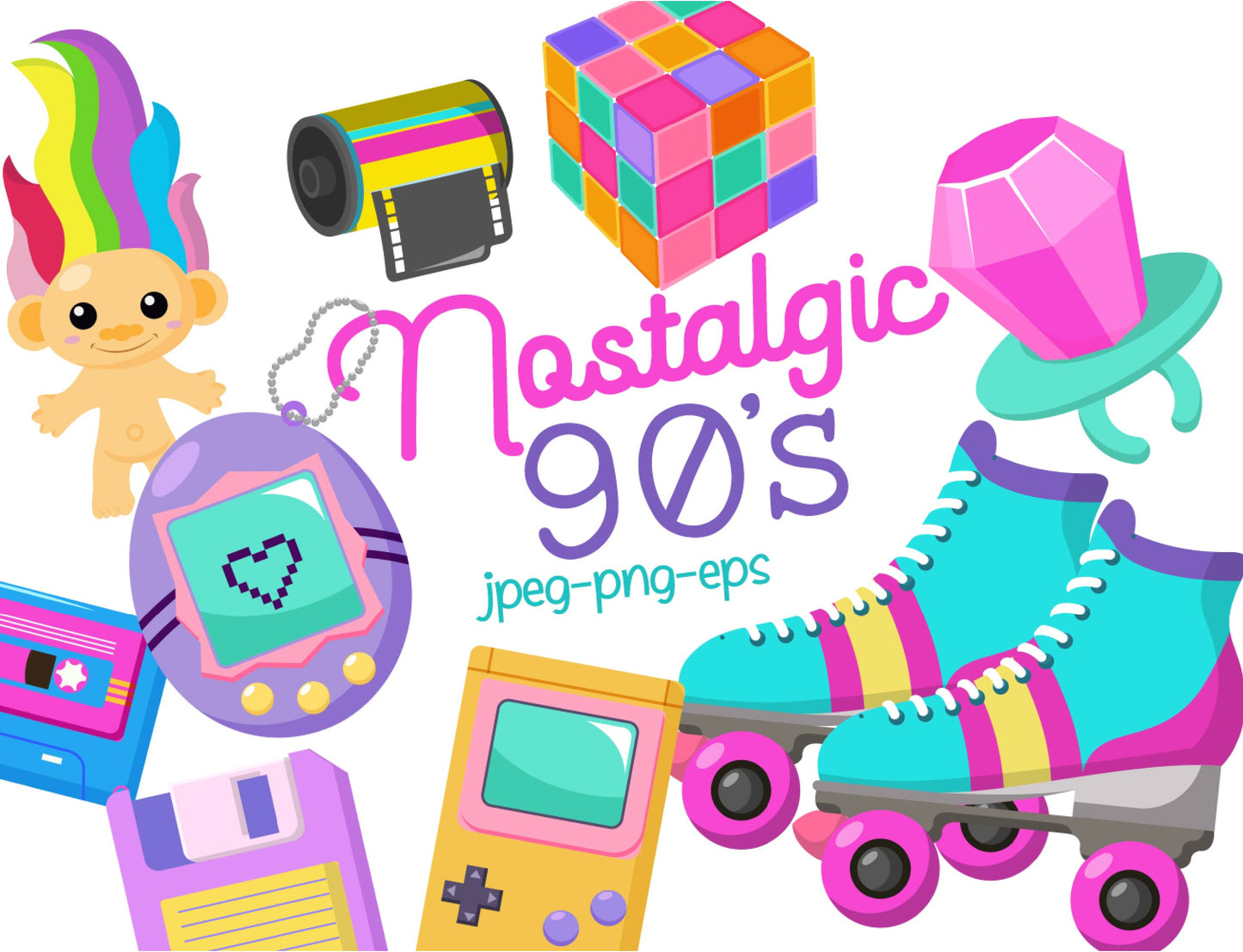 Nostalgic 90s Clipart Bundle, 90s Party, Nostalgic Illustrations, Retro Clipart, Sublimation Design, Vector, Commercial, INSTANT DOWNLOAD