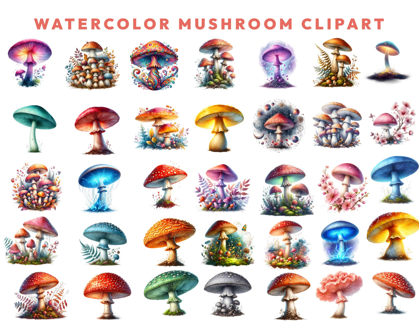 Mushrooms Watercolor Clipart Bundle, 208 PNG Forest Toadstool Graphics, Magical Nature Illustrations, Instant Download, Commercial Use