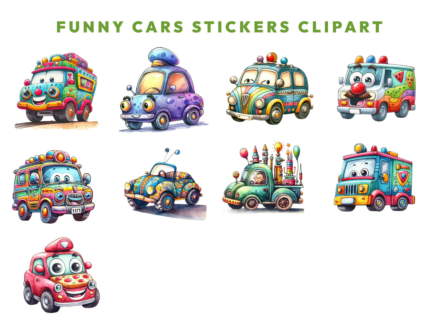 21 Funny Cars Watercolor Clipart PNG Bundle, Automobile Images, Colorful Quirky Vehicle Graphics, Instant Digital Download, Commercial Use