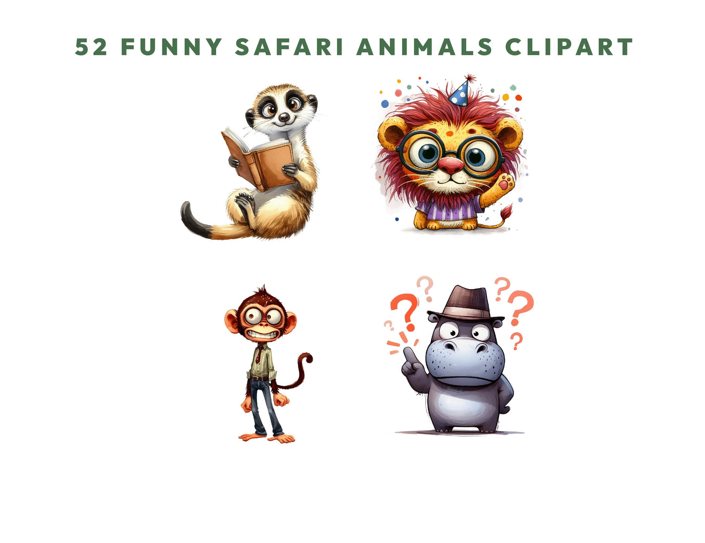 52 Funny Safari Animals Clipart, Jungle Animals PNG, Quirky Watercolor Africa Animals PNG, Whimsical Sublimation Design, Instant Download