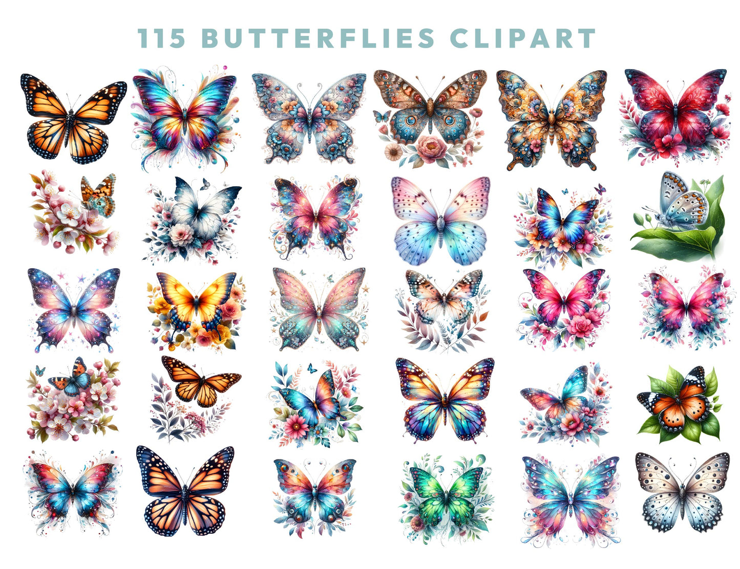 115 Watercolor Butterflies Clipart Bundle, Colorful Butterfly PNG Pack, Transparent PNG 300Dpi, Insect, Sublimation Desing, Instant Download