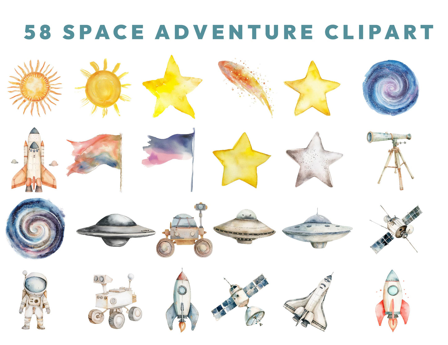 58 Watercolor Space Clipart PNG Bundle, Astronaut Nursery, Rocket, Planets, Stars and Moon, Spaceship, Sublimation Design, Instant Download