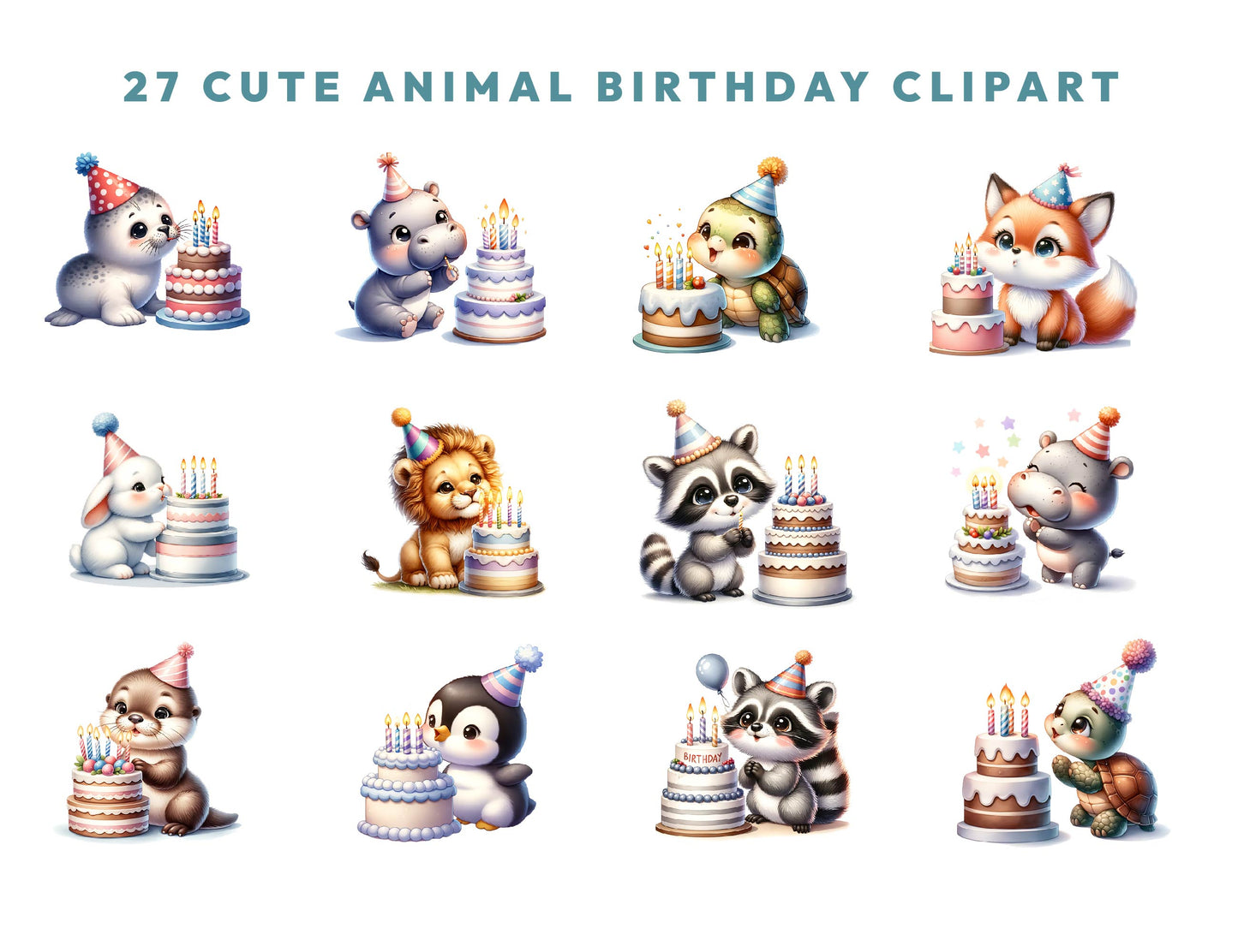 27 Watercolor Cute Birthday Animals Clipart PNG Bundle, Baby Animals w/ Birthday Sayings, Printable Art, Nursery, Card Making Commercial Use