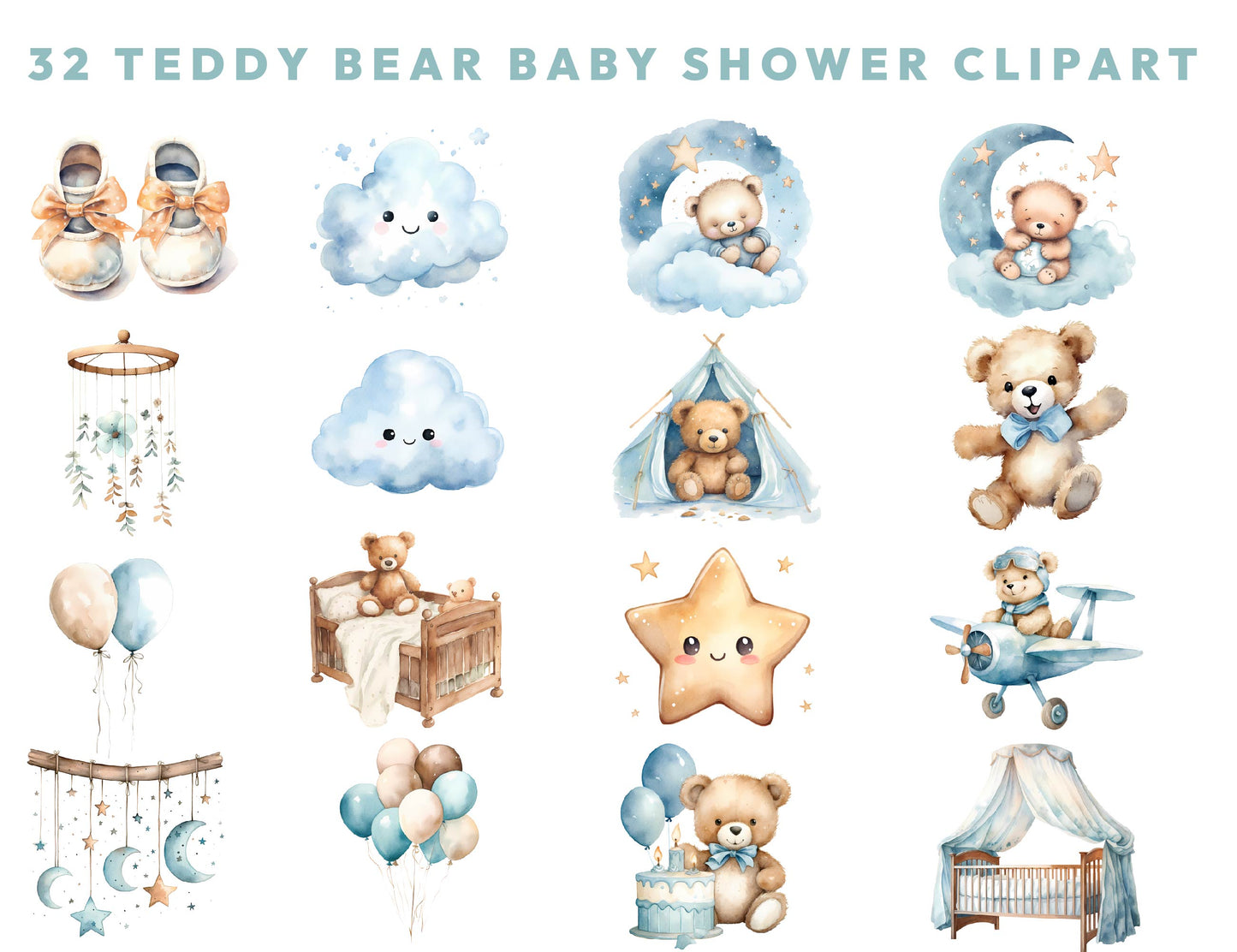 32 Cute Watercolor Blue Teddy Bear Baby Boy Shower Clipart PNG Bundle, Birthday Collection Instant Download Sublimation Design Commercial Use