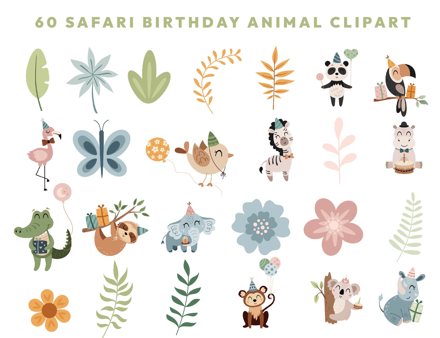 60 Cute Birthday Safari Animals Clipart, Jungle Baby Animal PNG, Watercolor Animal Clipart, Baby Shower Clipart, Lion Tiger Monkey Girrafe