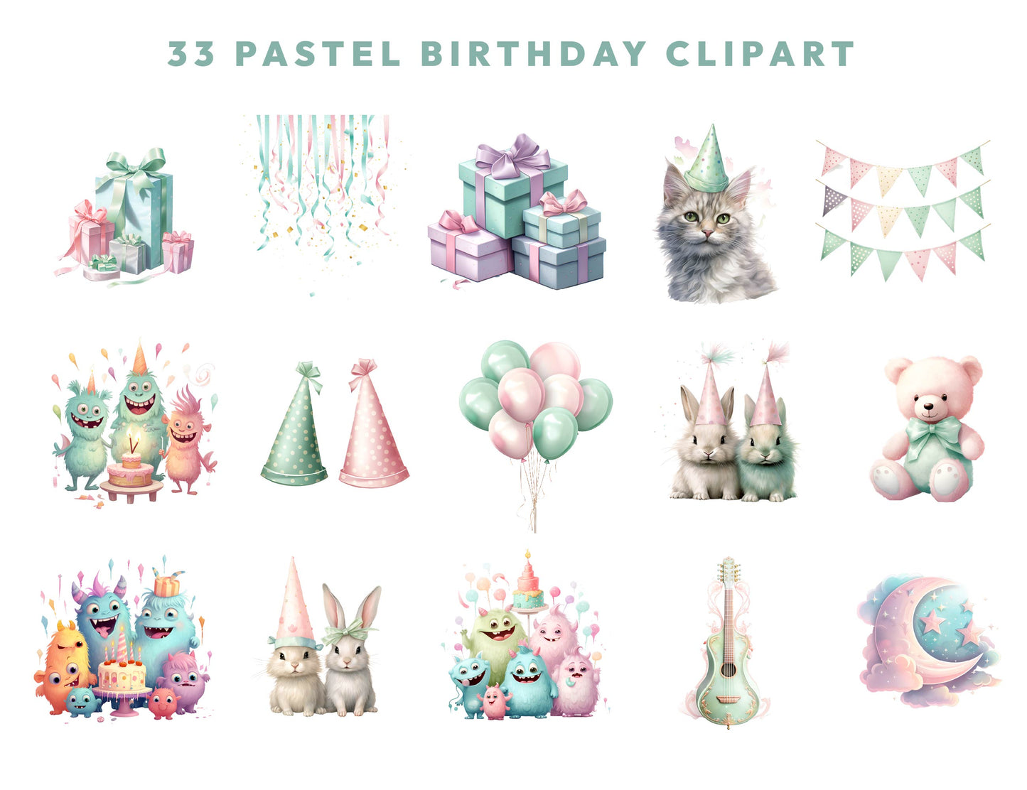 33 Watercolor Pastel Birthday Clipart PNG Bundle, Cute Happy Birthday Collection, Balloon Clipart, Birthday Cupcake, Cake, Instant Download