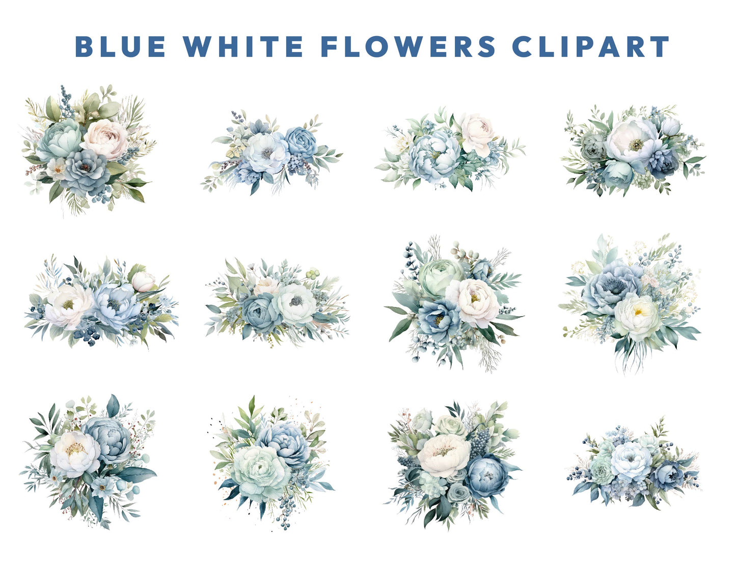 36 Watercolor Floral Clipart Bundle Dusty Blue White Flower Bouquet Transparent PNG, Watercolor Clip Art For Commercial Use Instant Download