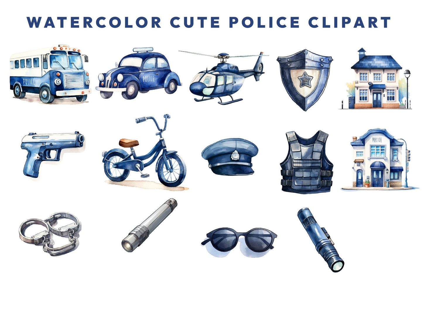 29 Watercolor Blue Police PNG Clipart, Police Station, Animals Vehicles, Cute Animals Baby Shower, Baby Boy Nursery, Bear and Dalmatian
