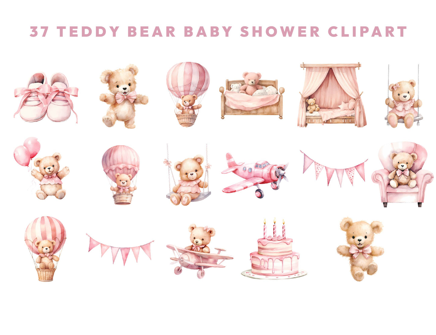 37 Cute Watercolor Pink Teddy Bear Baby Girl Shower Clipart PNG Bundle, Birthday Collection Instant Download Sublimation Design Commercial Use