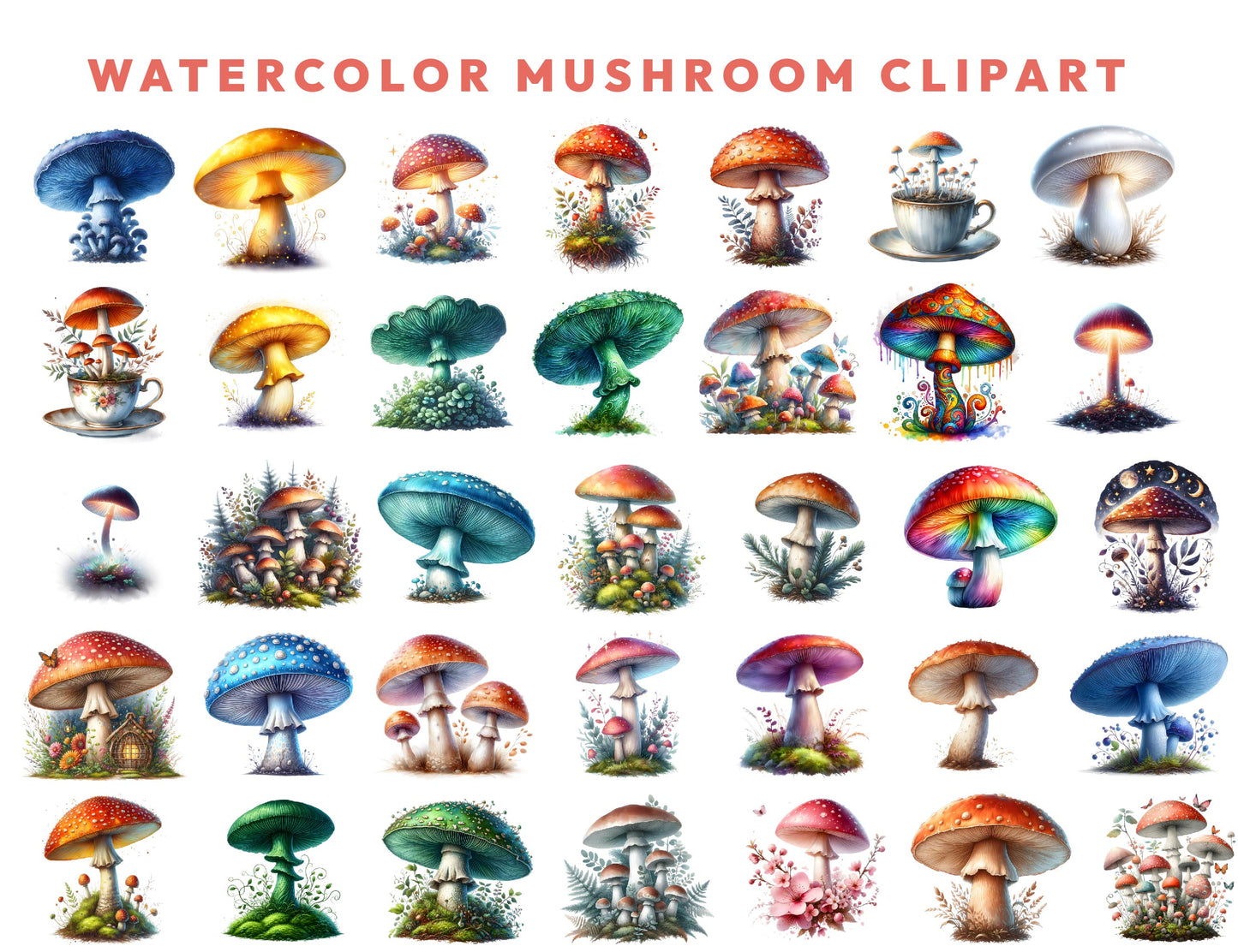 Mushrooms Watercolor Clipart Bundle, 208 PNG Forest Toadstool Graphics, Magical Nature Illustrations, Instant Download, Commercial Use