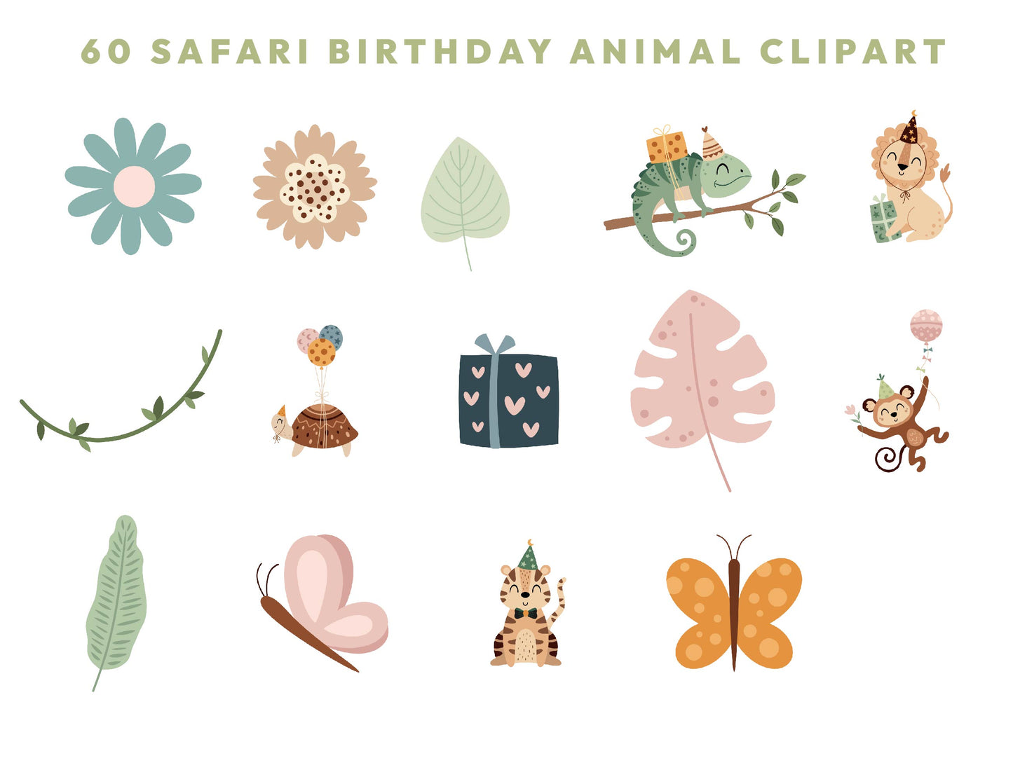 60 Cute Birthday Safari Animals Clipart, Jungle Baby Animal PNG, Watercolor Animal Clipart, Baby Shower Clipart, Lion Tiger Monkey Girrafe