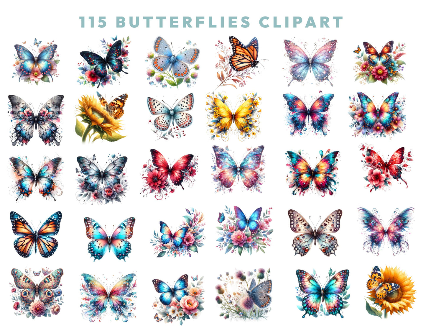 115 Watercolor Butterflies Clipart Bundle, Colorful Butterfly PNG Pack, Transparent PNG 300Dpi, Insect, Sublimation Desing, Instant Download