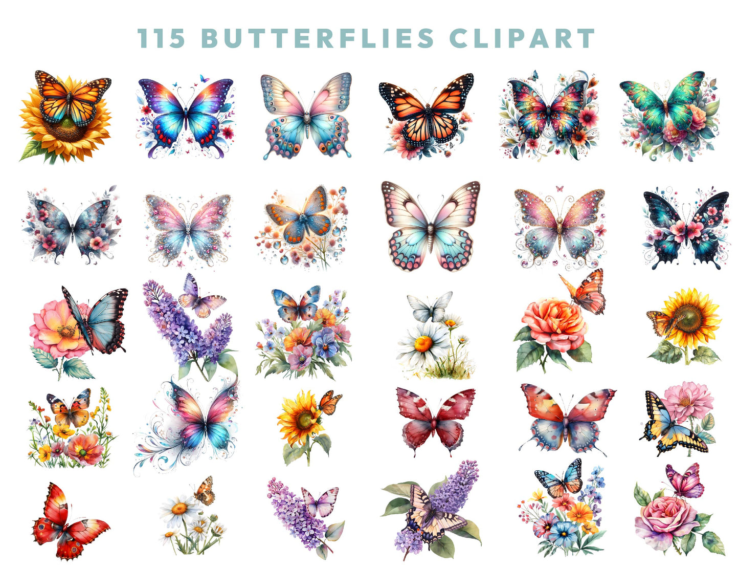 115 Watercolor Butterflies Clipart Bundle, Colorful Butterfly PNG Pack, Transparent PNG 300Dpi, Insect, Sublimation Desing, Instant Download